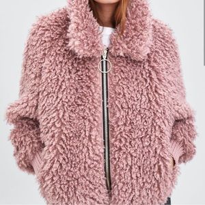 NWT Sz S Zara Trafaluc Faux Shearling Mauve Bomber Jacket Full Zip